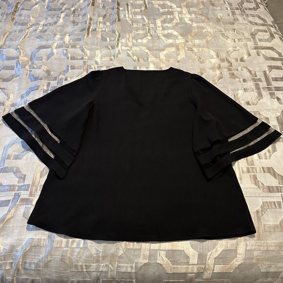 Mesh Stripe Bell Sleeve Black V Neck Top Size 2XL - Picture 5 of 8